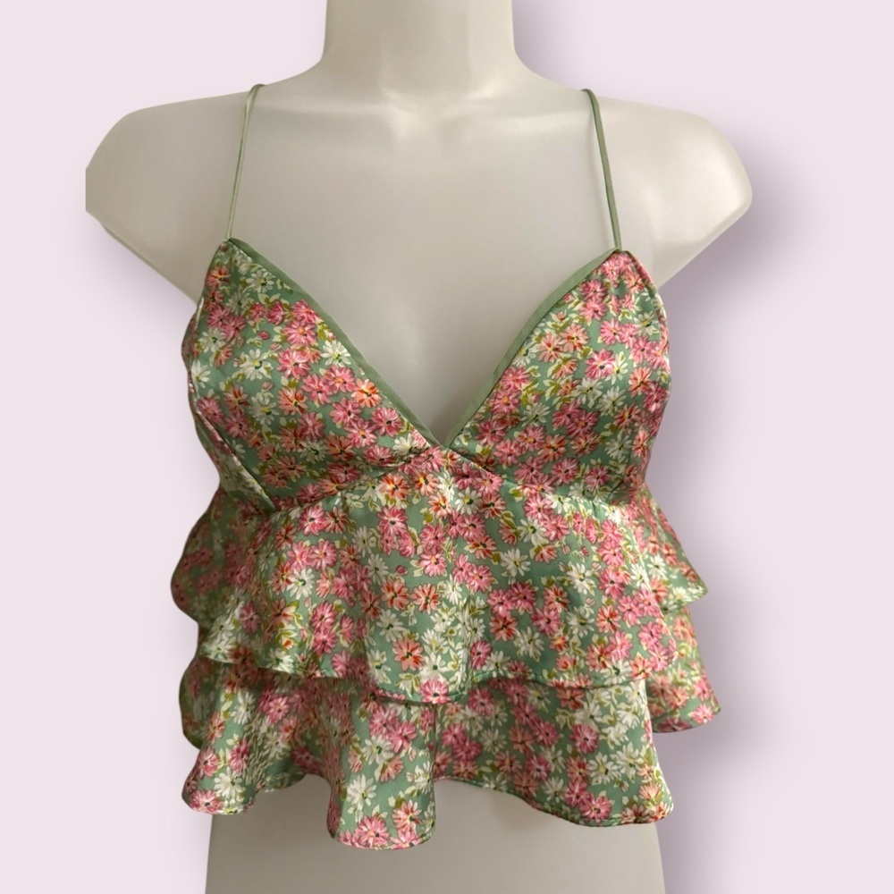 Floral Ruffle Peplum Cami Top Green Pink Adjustable Straps S - Picture 4 of 6